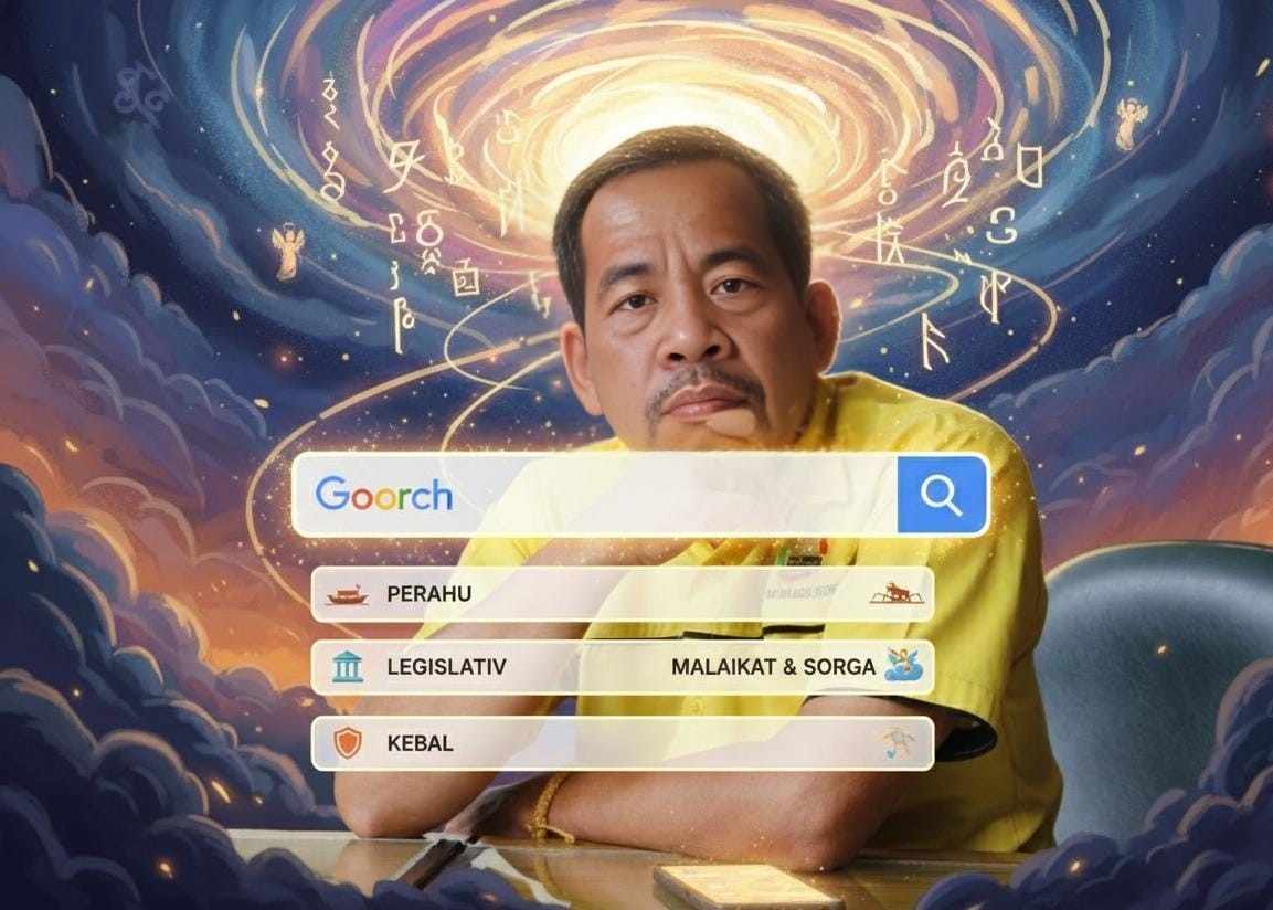 Seorang pria duduk menghadap kamera dengan latar ilustratif bernuansa kosmik dan simbol-simbol digital, menyerupai antarmuka mesin pencari. Visual ini merepresentasikan ironi pencarian makna, kebenaran, dan kekuasaan di ruang publik memadukan citra personal dengan simbol politik, spiritual, dan perlindungan diri yang kerap muncul dalam wacana sosial kontemporer. (NI)